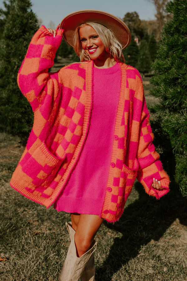 Around The Block Checkered Cardigan in Hot Pink | Impressions Online Boutique