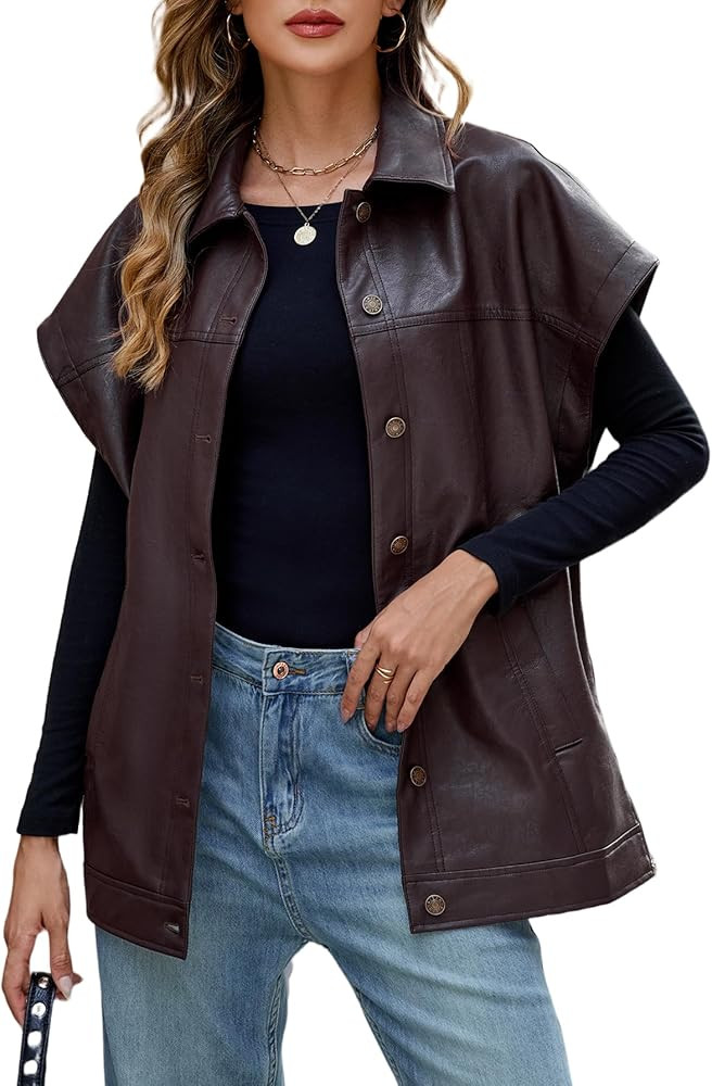 Ladyful Womens Oversized Leather Vest Sleeveless Faux Leather Jacket Motorcycle Biker Vest Coat O... | Amazon (US)