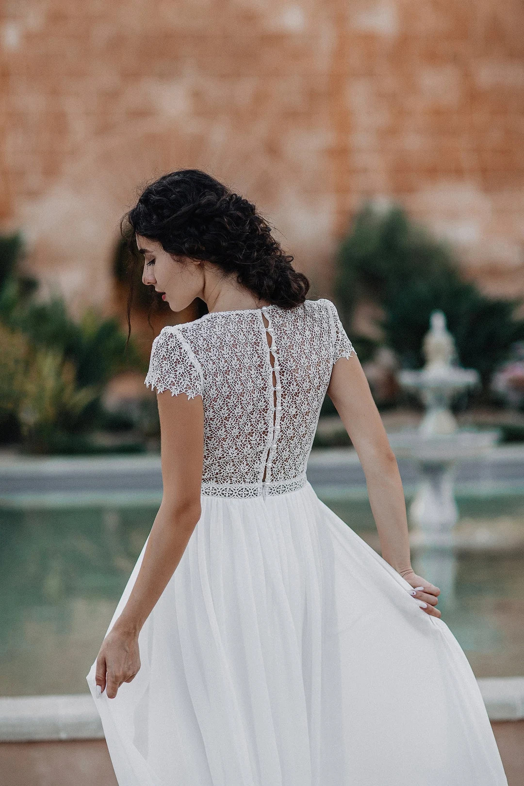 Simple Lace Wedding Dress: Closed Back, Round Neck, Chiffon Skirt Gown Royal Charm | Etsy (US)