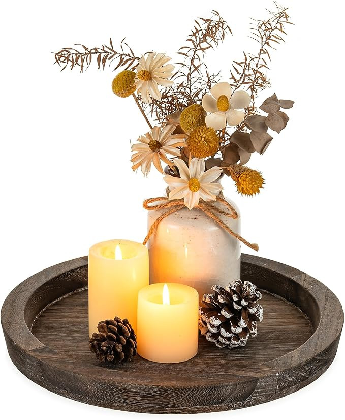 Hanobe Wooden Tray for Coffee Table: Candle Holder Plate Round Decorative Serving Tray - Vintage ... | Amazon (US)