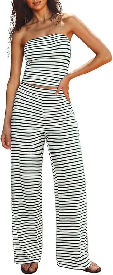 UNCOOYEE Two Piece Sets For Women Summer Outfits Lounge Sets Striped Tube Top And Pants Matching ... | Amazon (US)