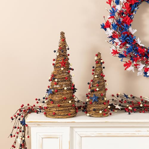 Glitzhome Set of 2 Patriotic Table Tree 4 of July Tabletop Centerpiece Artificial Rattan Stars& Berry Cone Table Tree Decoration for Memorial Day Home Office Table Shelf | Amazon (US)
