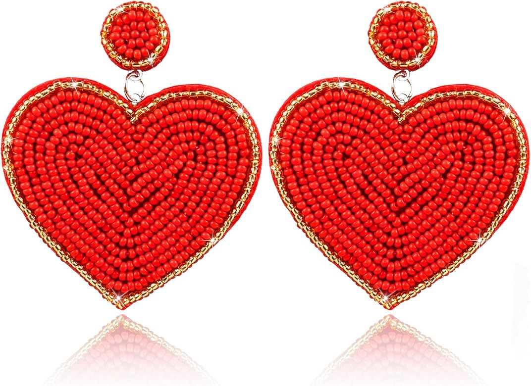 Valentines Day Heart Earrings-Valentine Beaded Drop Earrings Jewelry for Women, Handmade Valentin... | Amazon (US)
