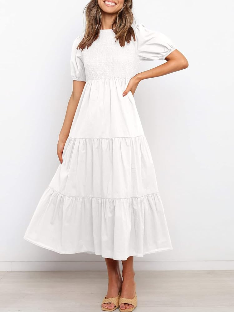 ANRABESS Women's Summer Short Sleeve Crewneck Smocked Sundress Tiered Swing A Line Beach Midi Dress  | Amazon (US)