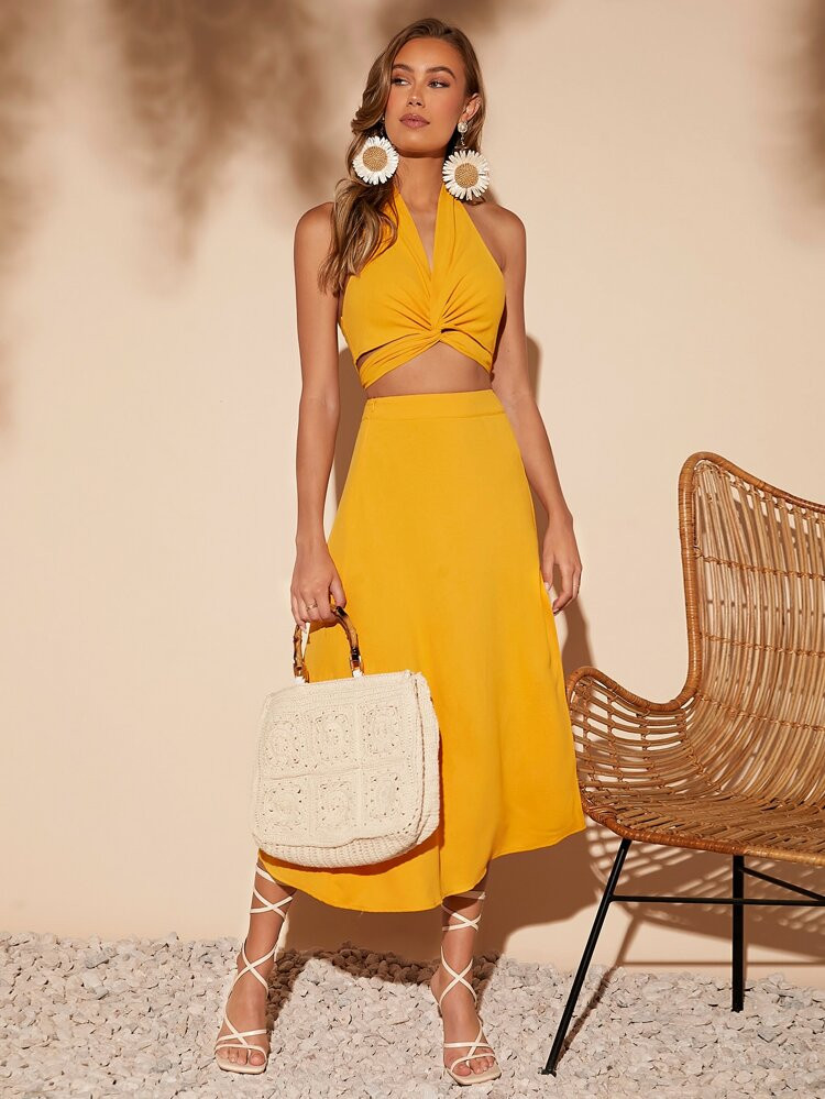 SHEIN Twist Front Tie Backless Halter Top & Skirt | SHEIN