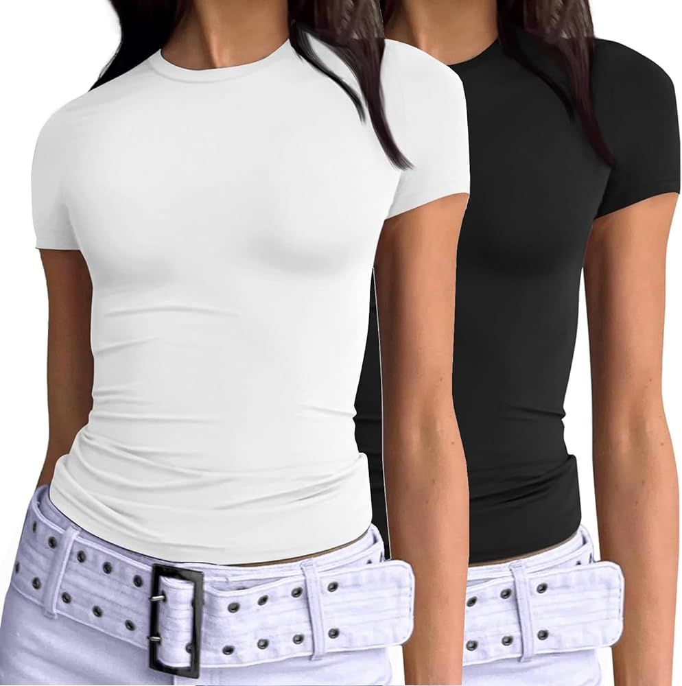 Women’s Basic T-Shirts 2 Piece Slim fit Crop Top Tee Shirt Short Sleeve Round Neck Cropped Tshi... | Amazon (US)