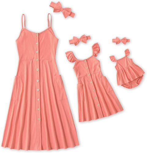 IFFEI Mommy and Me Dresses Matching Set Solid Front Button Family Matching Sleeveless Dresses with Headband and Pockets Women S Cora | Amazon (US)