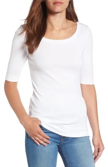 Petite Women's Caslon Ballet Neck Cotton & Modal Knit Elbow Sleeve Tee, Size XX-Small P - White | Nordstrom