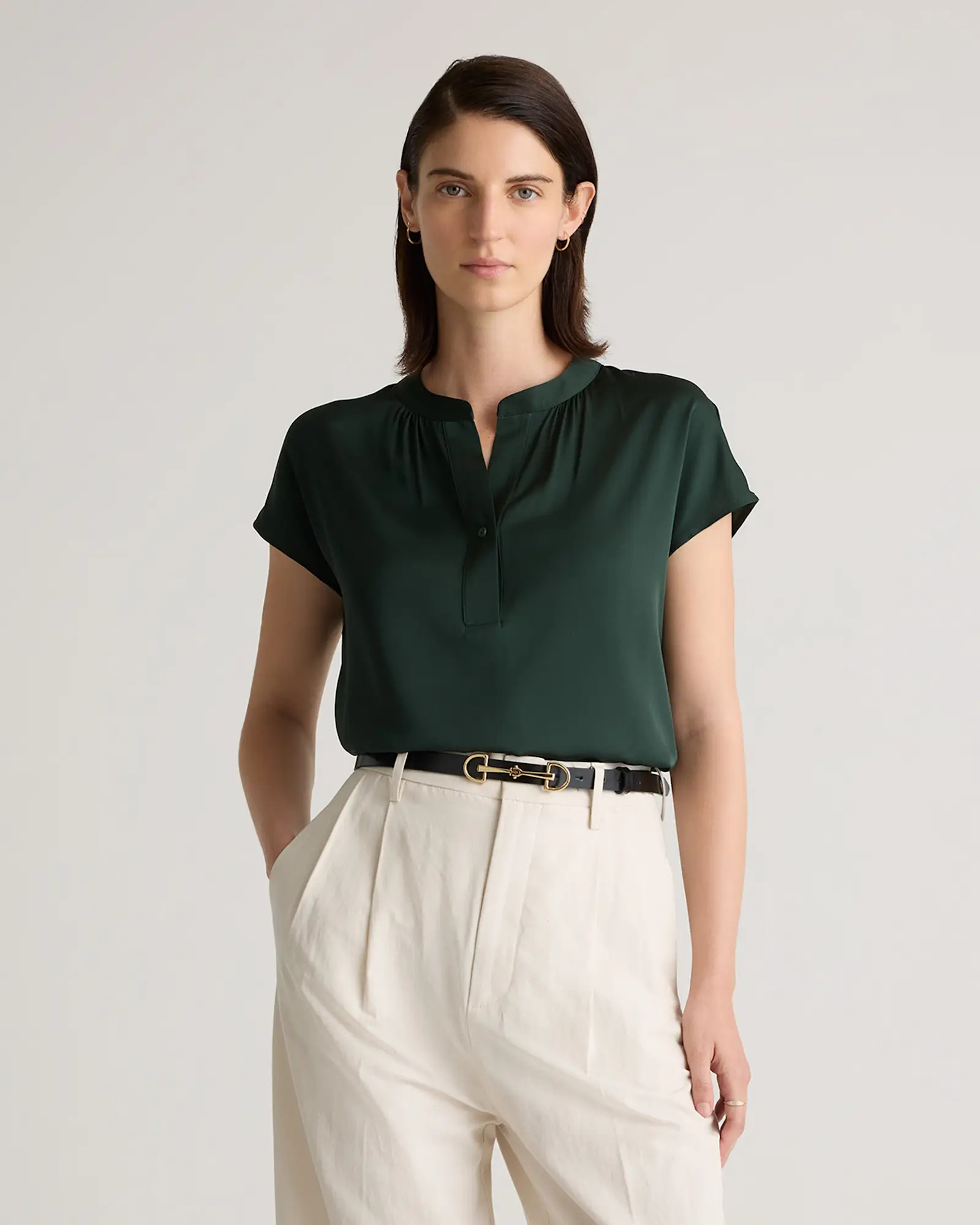 Washable Stretch Silk Dolman Sleeve Blouse in Forest Green | Quince