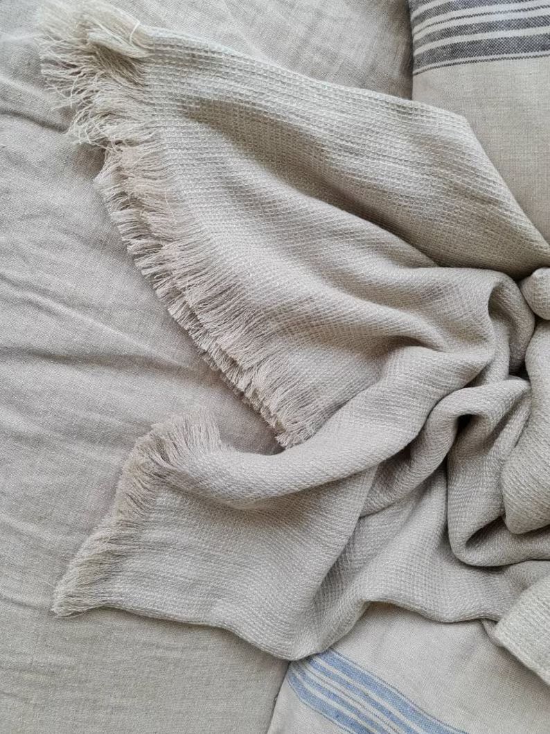 Waffle linen blanket fringed rustic linen blanket undyed | Etsy | Etsy (US)