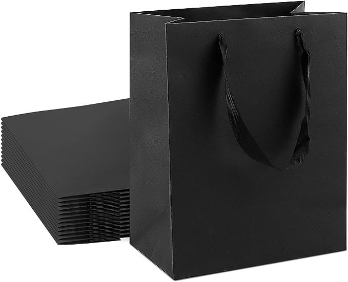 24 pcs Kraft Gift Bags Bulk Meduim Size 8"x4.75"x10", Black Kraft Paper Shopping Bags with Ribbon... | Amazon (US)