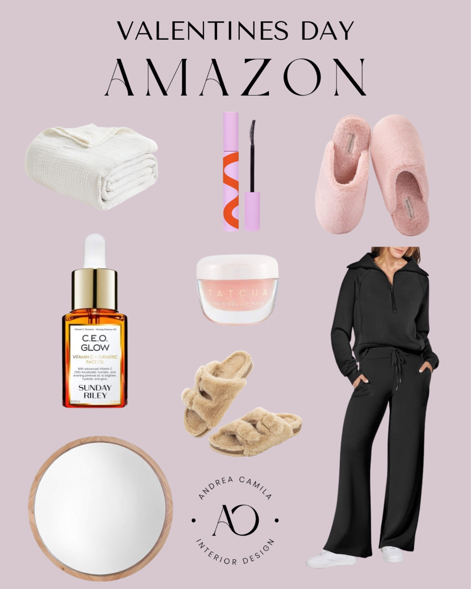 Embrace, comfort and style with a cozy, soft blanket. Luxurious mascara. Pam, her feet and plush slippers. Rejuvenate her skin with vitamin C and turmeric face oil. Her with soothing lip mask. Let her lounge and style with a matching sweatpants set. Elevate your living space with home decor. This round mirror feature is a chic bamboo trim. #CozyHome #BeautyRoutine #LoungeInStyle #SkinCareEssentials #HomeDecor #Self-careSunday.

#LTKMostLoved #LTKhome #LTKGiftGuide