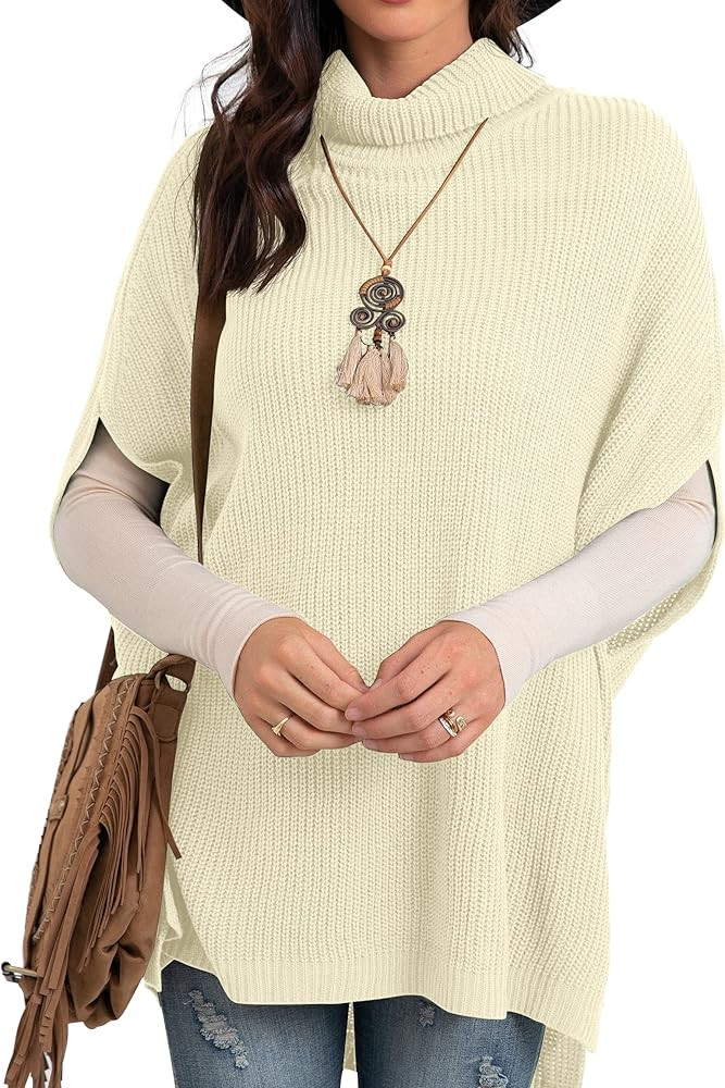 GRECERELLE Women Turtleneck Oversized Knit Batwing Sleeveless Loose High Low Hem Side Slit Pullov... | Amazon (US)
