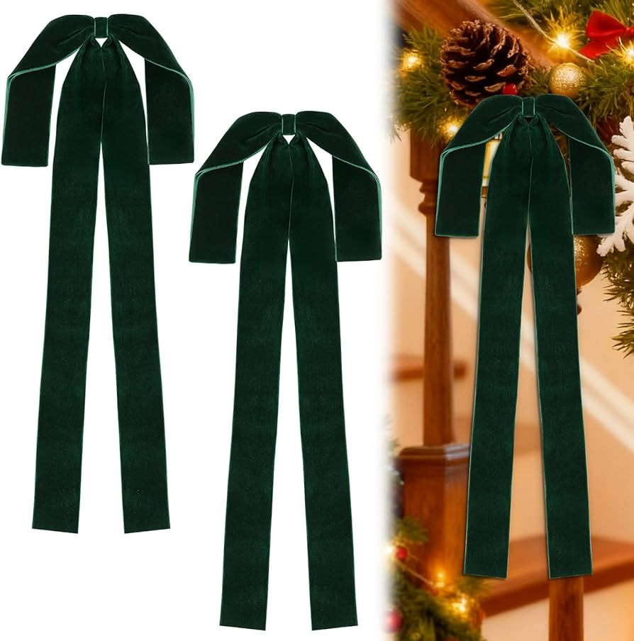 2 Pcs Large Dark Green Velvet Christmas Bows, 12"x17" Long Green Velvet Bows for Christmas Tree, ... | Amazon (US)