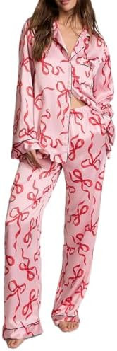 Fenghualzzniya Women Bow Pajamas Satin Pajama Set Floral Silk 2 Piece Lounge Sets Button Down Shi... | Amazon (US)