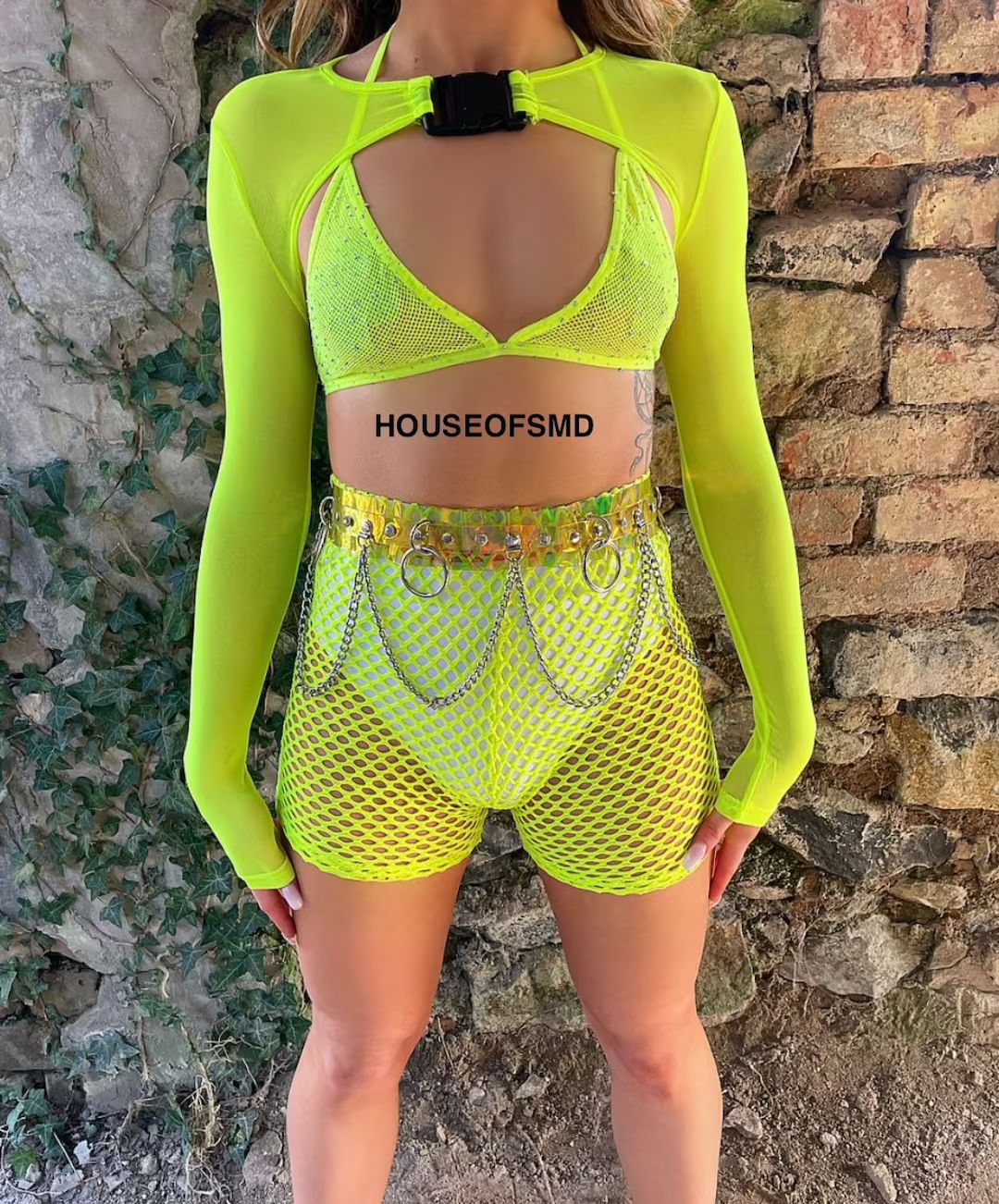 Neon yellow mesh long sleeve buckle crop top, mesh crop top, festival outfit, festival top, buckl... | Etsy (CAD)