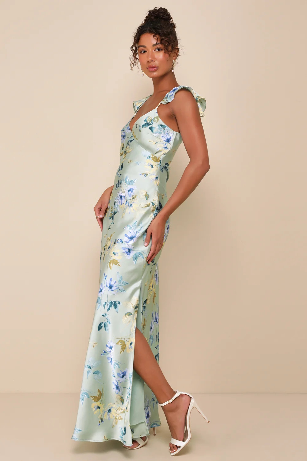 Captivating Grace Sage Green Floral Satin Ruffled Maxi Dress | Lulus