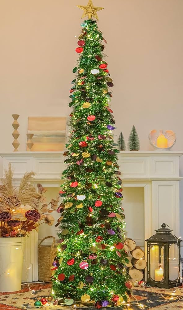 6 FT Pop Up Christmas Tree with 100 LED Timer Lights & Remote, Green Collapsible Christmas Tinsel... | Amazon (US)