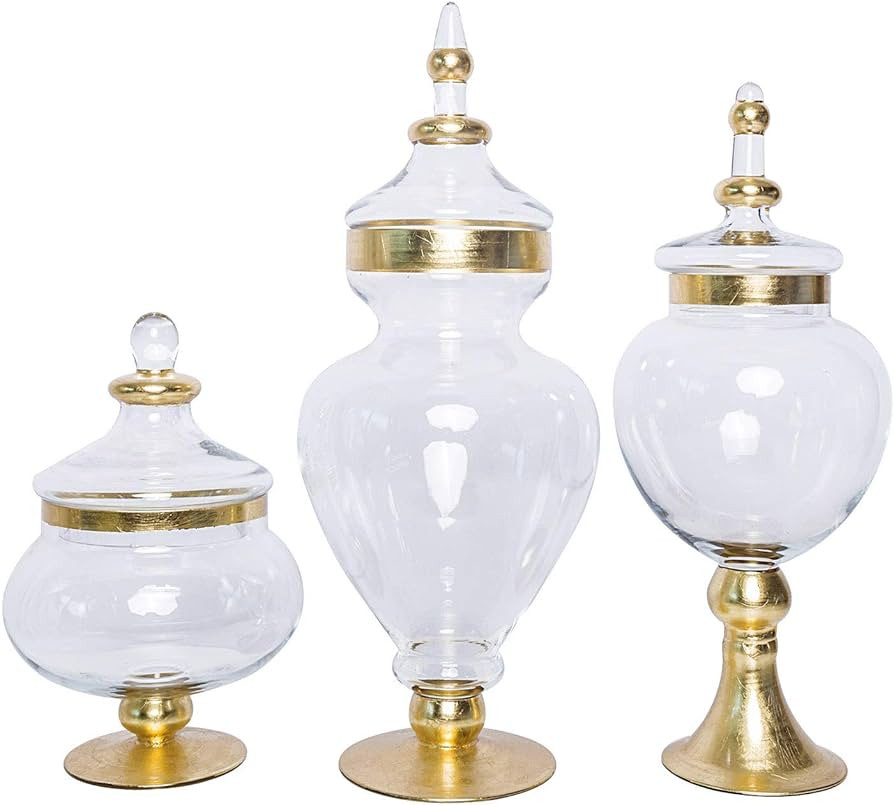 3 pcs 11" 16" 18" Tall Gold Trimmed Clear Glass Apothecary Jars with Lids Wedding Party Candy Gif... | Amazon (US)