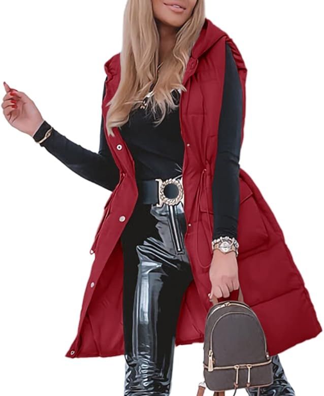 Women Quilted Sleeveless Jacket Vest Hooded Thick Long Coat Winter Warm Outwear | Amazon (US)