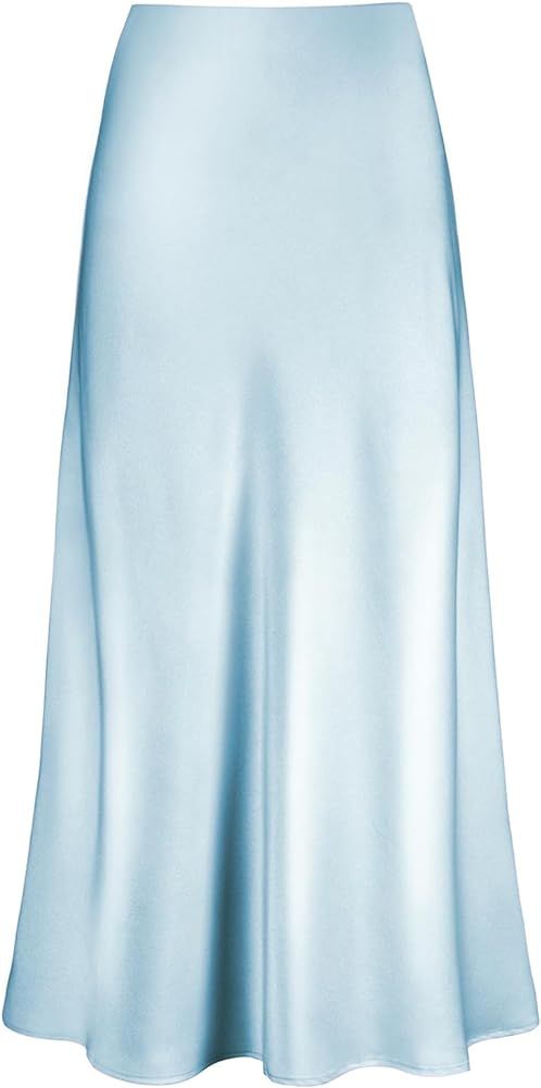 Outoshe Women's Satin High Waisted Maxi Skirts Hidden Elasticized Waistband A Line Long Skirt | Amazon (US)