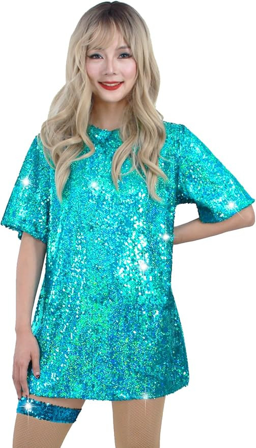 Sequin T-Shirt Dress Sparkly Casual Short Sleeve Party Club Outfit Costume | Amazon (US)