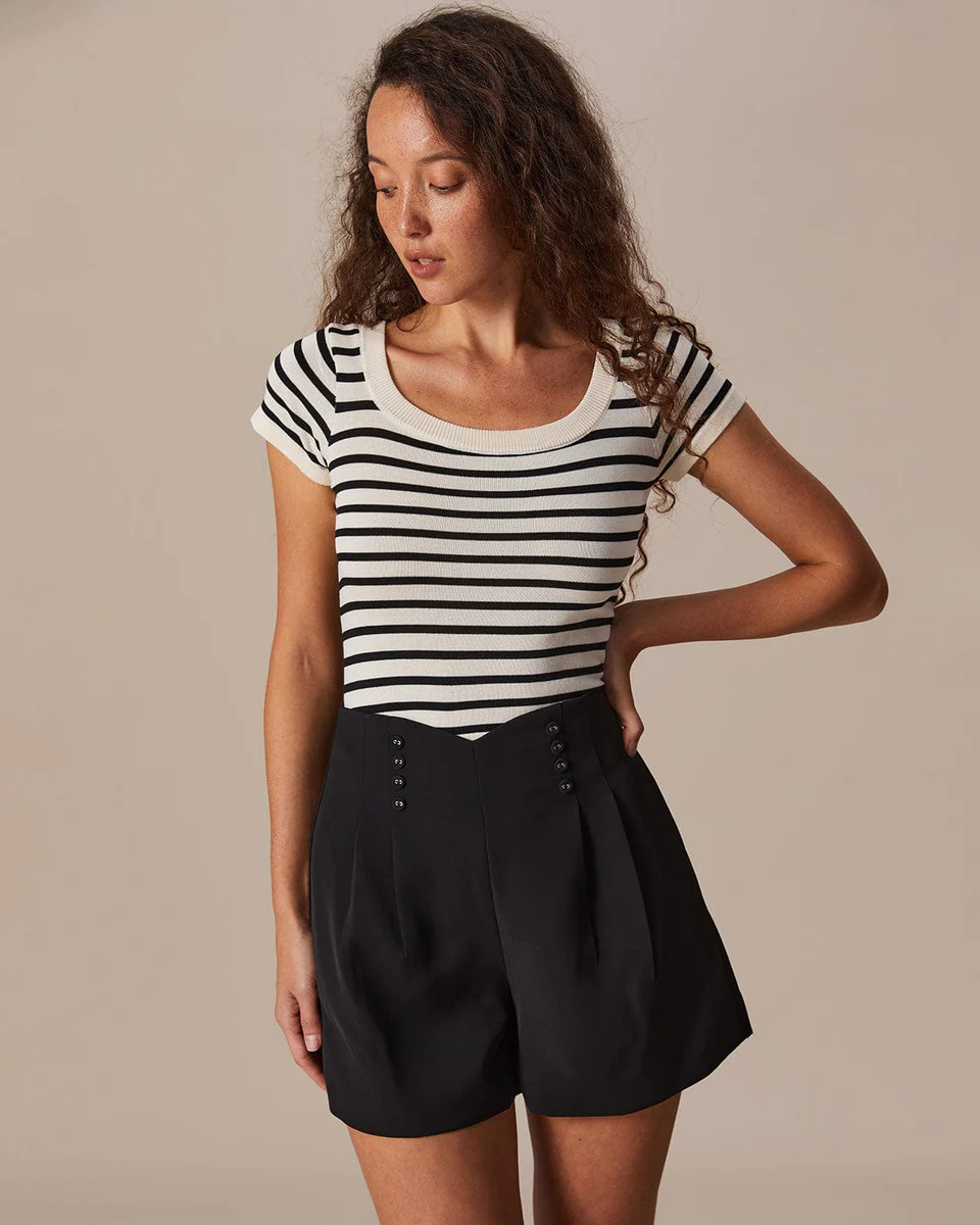 The Beige Round Neck Striped Knit Tee | rihoas.com