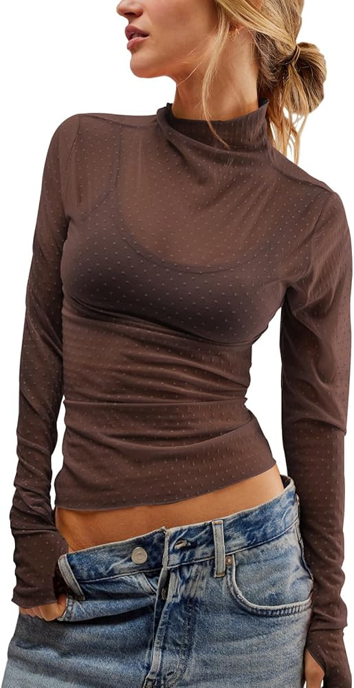 Womens Mesh Sheer Lace Laying Top Mock Neck Long Sleeve Polka Dot See Through Shirt Blouses Tops | Amazon (US)