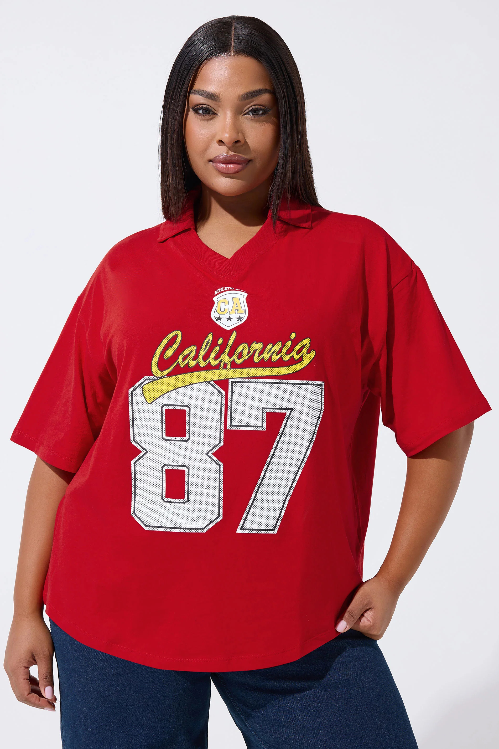 LIMITED COLLECTION Plus Size Red 'California 87' Rugby Collar Varsity Top | Yours Clothing UK