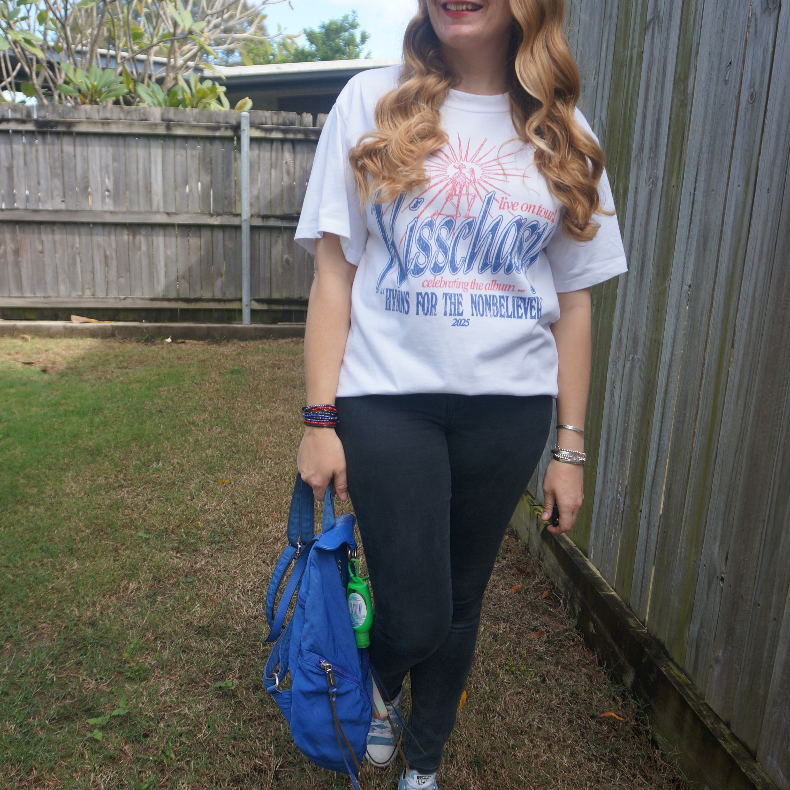 Kisschasy band tee with black skinny jeans, blue Converse and Cobalt Rebecca Minkoff Julian backpack 💙

#LTKaustralia #LTKbag