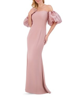Scuba Crepe Off-The-Shoulder Neck Organza Short Puff Sleeve Gown | Dillard's