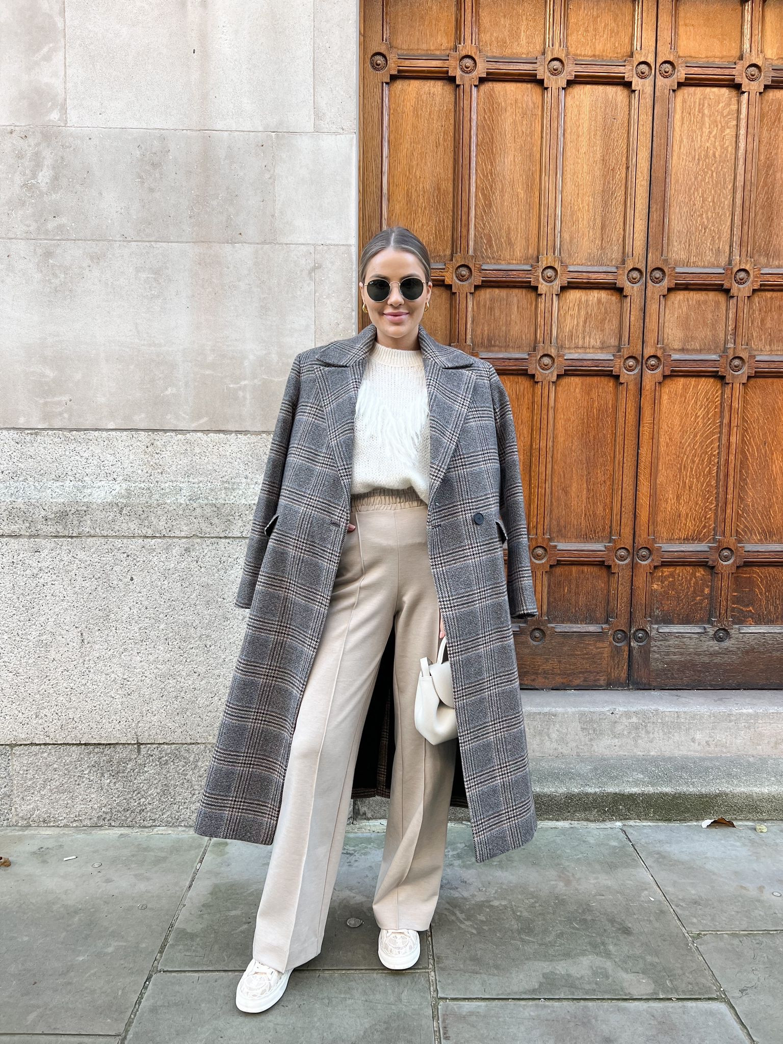 Smart casual winter outfit inspiration - grey checked coat, cream high neck jumper from mango, tailored cream trousers, rayban round sunnies, gold earrings from Astrid & miyu, polene paris bag (similar linked) and Chloe Lauren lace trainers  

#LTKshoecrush #LTKeurope #LTKstyletip