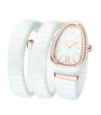 Bvlgari Rose Gold Rose Gold, White Ceramic and Diamond Serpenti Spiga Watch 35mm | Harrods UK | Harrods
