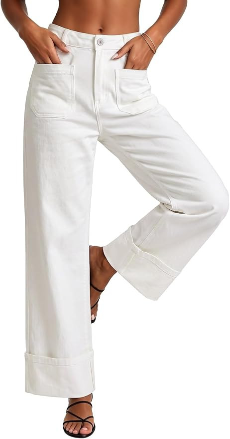 EVALESS Women's High Waisted Wide Leg Jeans | Cuffed Hem Stretchy Teacher Denim Pants Trendy 2026... | Amazon (US)