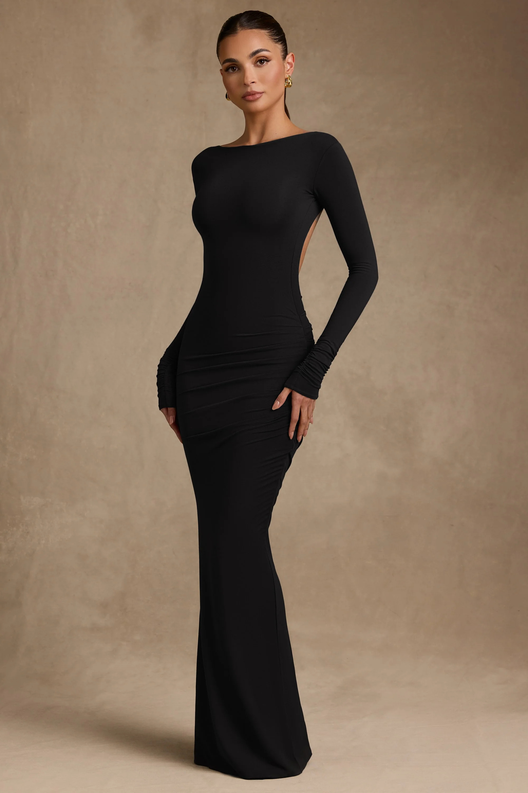 Modal Ruched Backless Maxi Dress in Black | Oh Polly