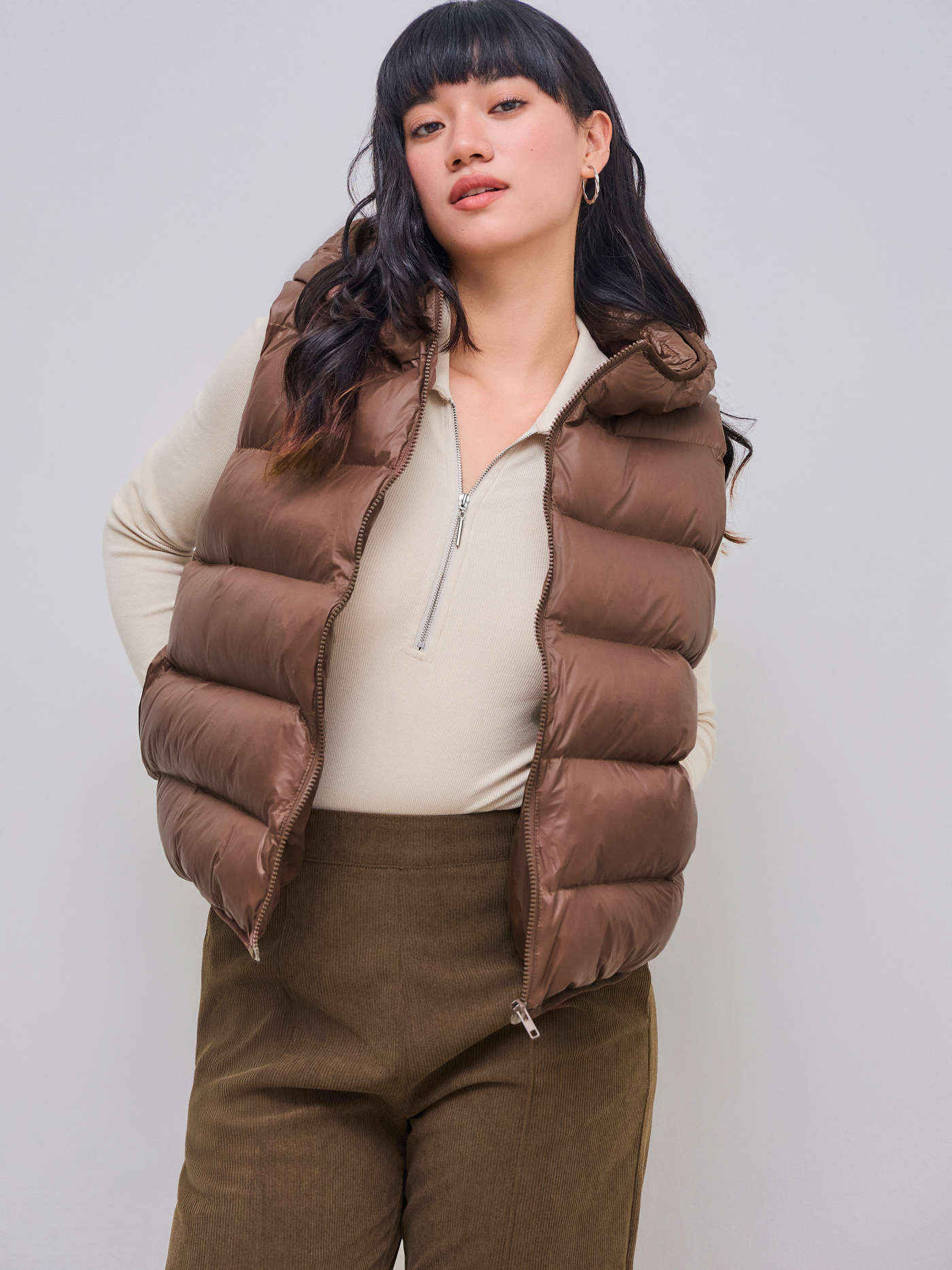 Hooded Solid Zipper Pocket Puffer Vest | Cider