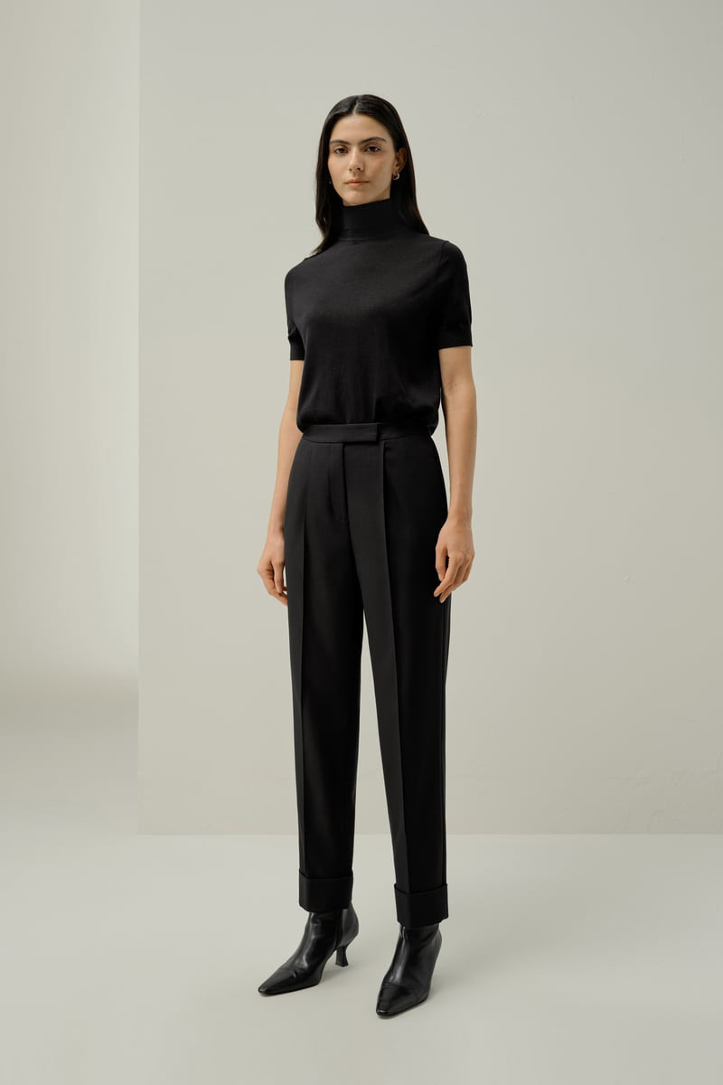 LILYSILK Women's Tailored Silk-Wool Blend Front Pleated Trousers in Black, Size 16 | LILYSILK