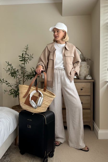 Travel outfit / airport outfit idea ✈️ cotton stripe trousers, white tee, Varley sweatshirt, basket bag, 
