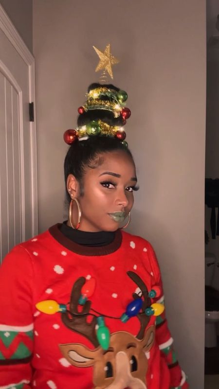 Outfit idea for Ugly Christmas sweater Holiday party. Christmas tree hairstyle

#LTKparties #LTKbeauty #LTKHoliday