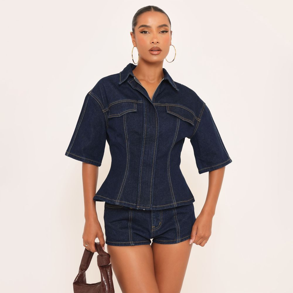 Short Sleeve Cinched Waist Detail Collared Top In Indigo Blue Denim | EGO (UK)