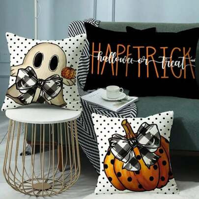 4PCS Halloween Plaid Pumpkin Ghost Throwing Pillowcase Set, Truck Bat Spider Plaid Design, Modern Style Linen Polka Dot Decoration Case, Machine Washa | SHEIN