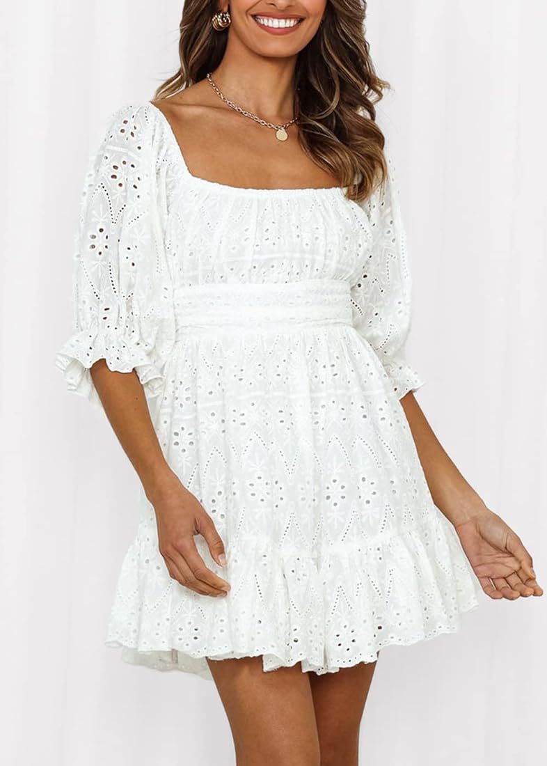 PRETTYGARDEN Women's Summer Mini Floral Babydoll Dress Short Puff Sleeve Square Neck Empire Waist Ru | Amazon (US)
