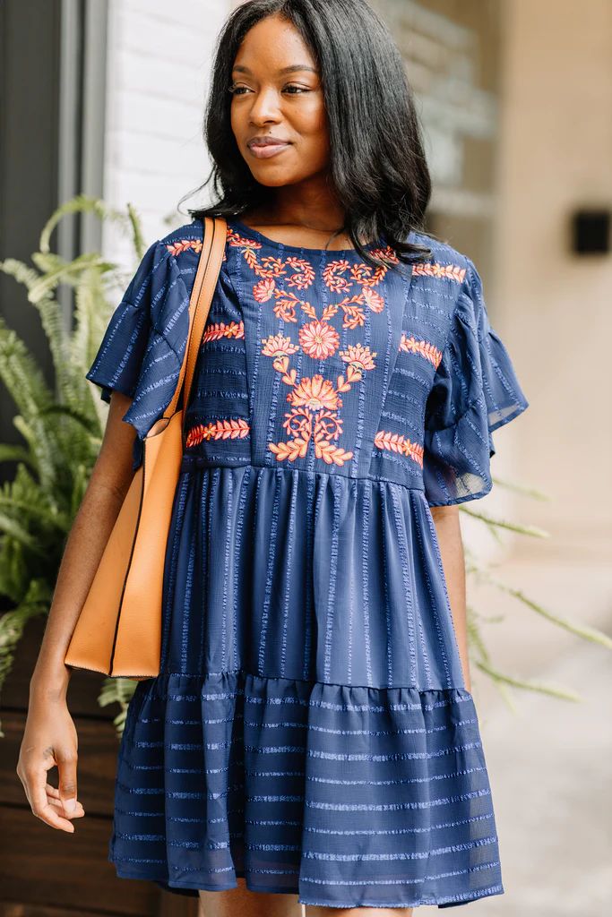 Music To My Ears Navy Blue Embroidered Dress | The Mint Julep Boutique