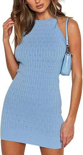 Kwoki Women's Summer Sleeveless Beach Mini Dresses Slim Fit Bodycon Halter Knitted Dresses | Amazon (US)