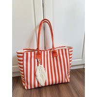 striped Canvas Tote Bag Orange & Cream Beach Bag With Keychain | Etsy (US)