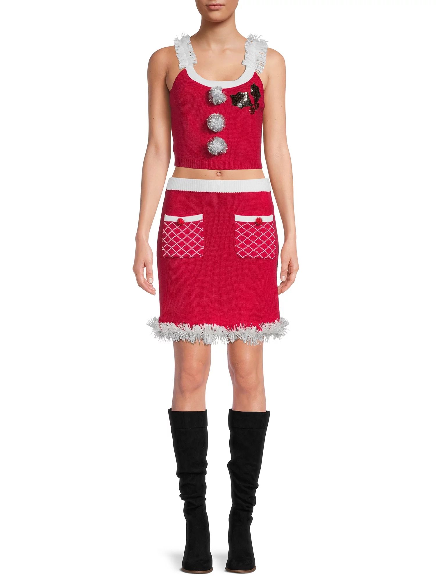 No Boundaries Junior's Knit Christmas Top & Skirt Set, 2-Piece - Walmart.com | Walmart (US)