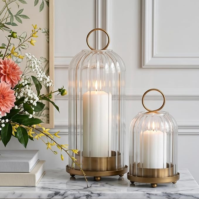 5" & 4" Metal Candle Holder with Ribbed Glass Candle Lanterns Set of 2, Vintage Windproof Hurrica... | Amazon (US)