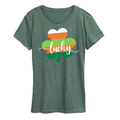 Women's Instant Message Lucky Striped Shamrock Short Sleeve Graphic T-Shirt - Heather Juniper - X-Large | Target