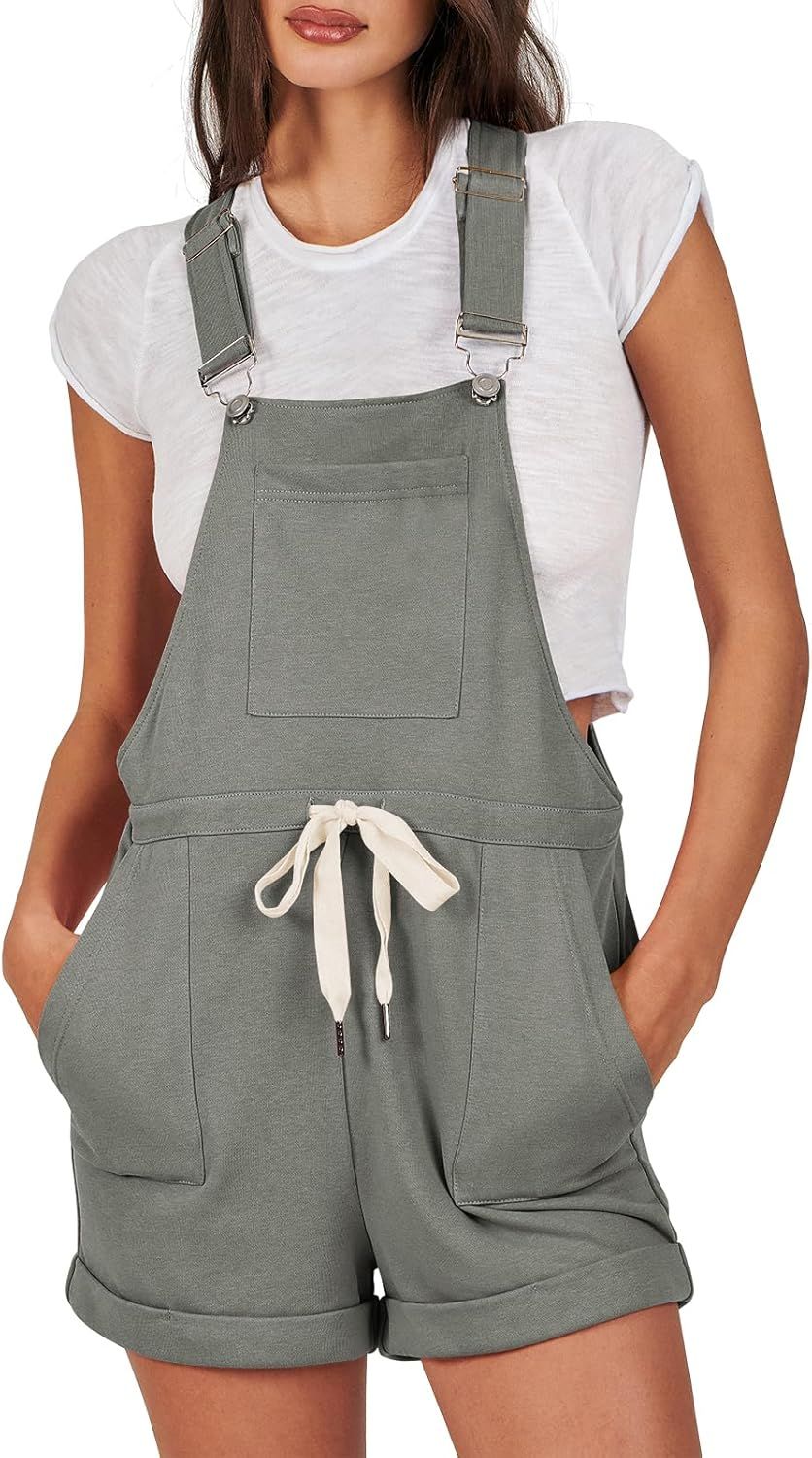 ANRABESS Women's Casual Straps Short Bib Overalls Basic Sleeveless Drawstring Romper Jumpsuits | Amazon (US)