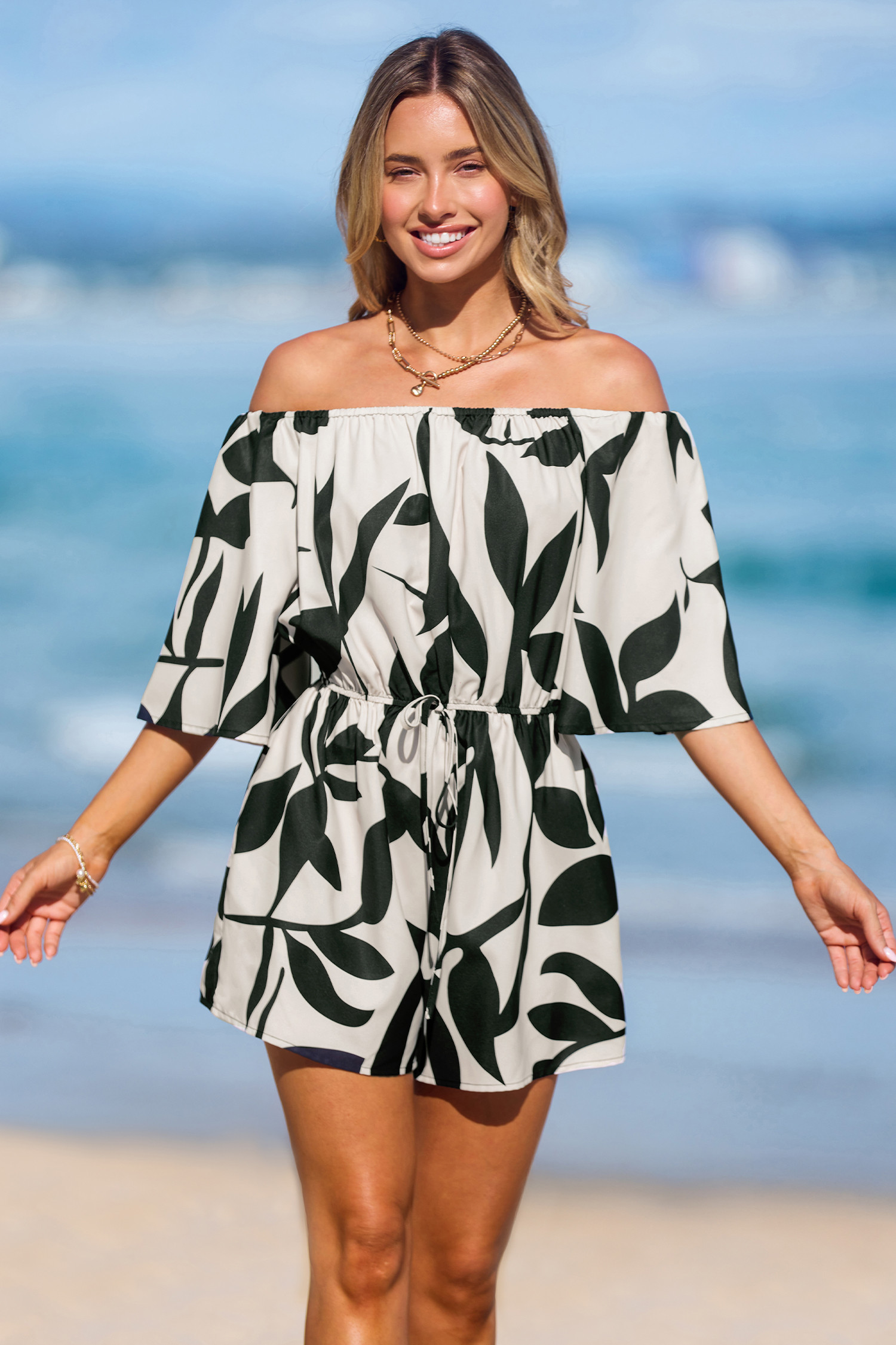 Black & White Tropical Off-Shoulder Wide Leg Romper | Cupshe US